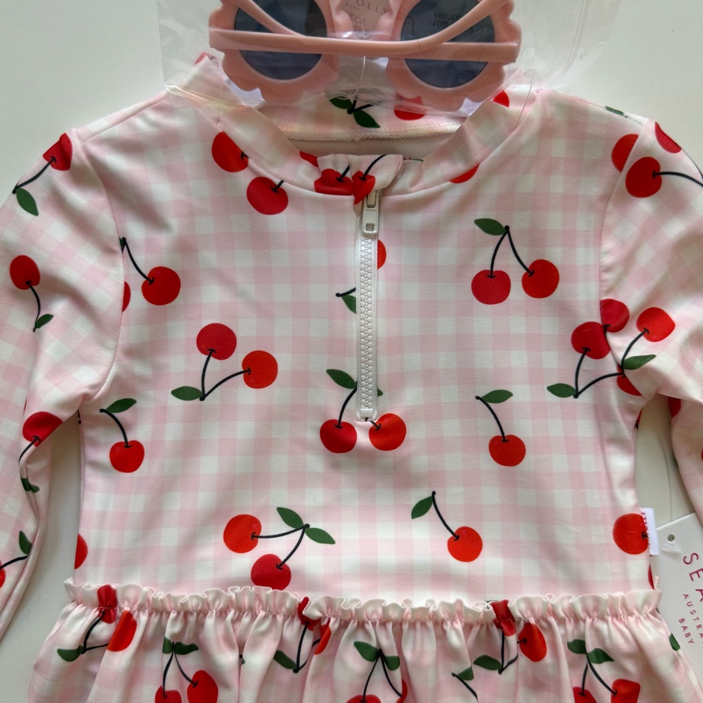 Seafolly Girls Long-Sleeve Flounce Cherry Gingham Paddlesuit & Sunglass Set- 24m — image 2 of 8